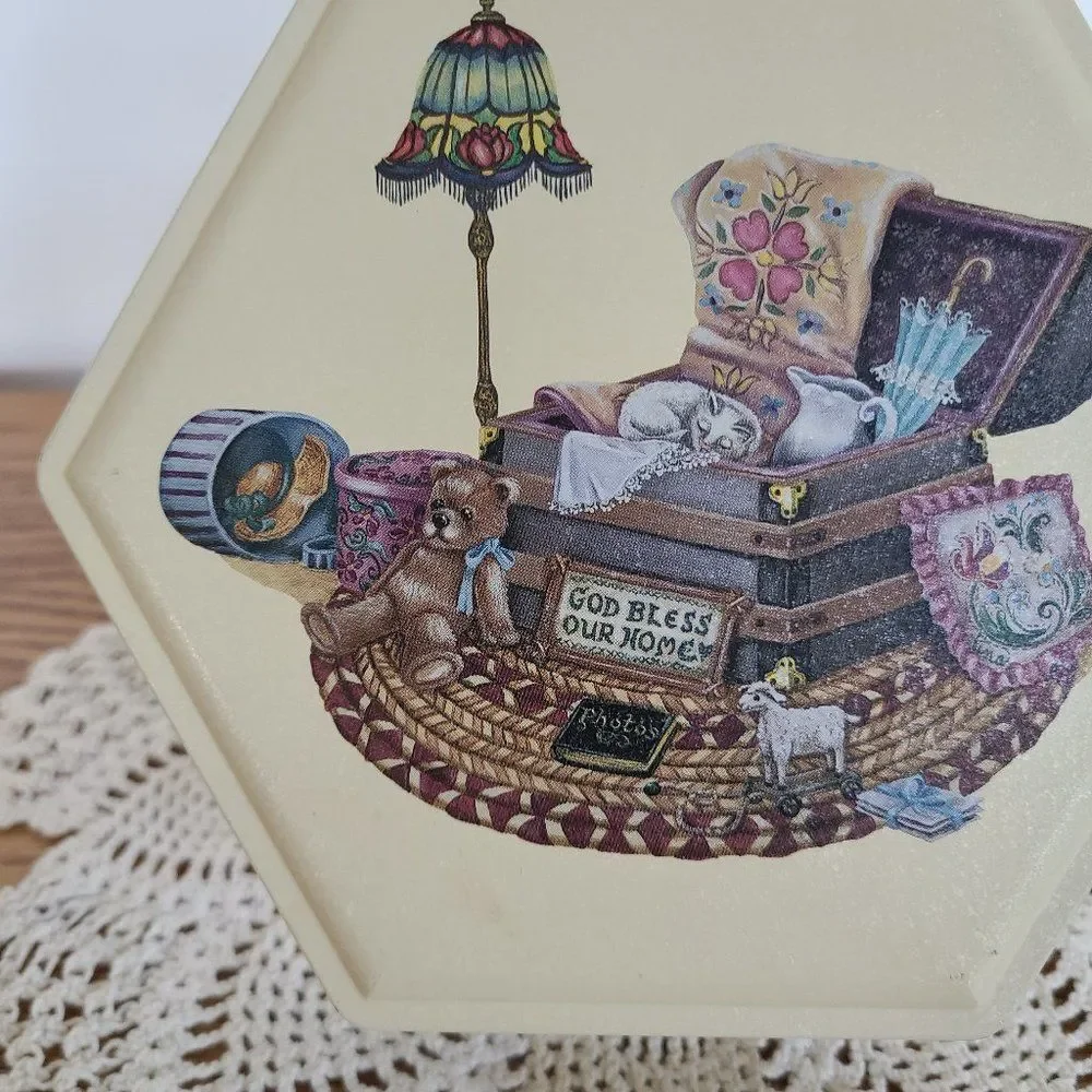 Vintage Tin God Bless Our Home Teddy Bear Cat Trunk Victorian Elements Cute!